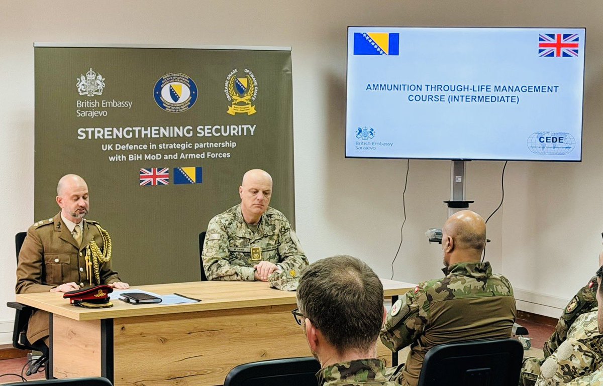 UKDefenceinBiH's tweet photo. Proud to open the International Ammunition Management Course in BiH.

🇬🇧 🇨🇭 🇧🇦 partnership strengthening ammunition safety, building regional security, &amp; investing in the next generation of experts. 

Thanks to all who made it possible for those beginning this important journey. https://t.co/dNOBT0dyfE