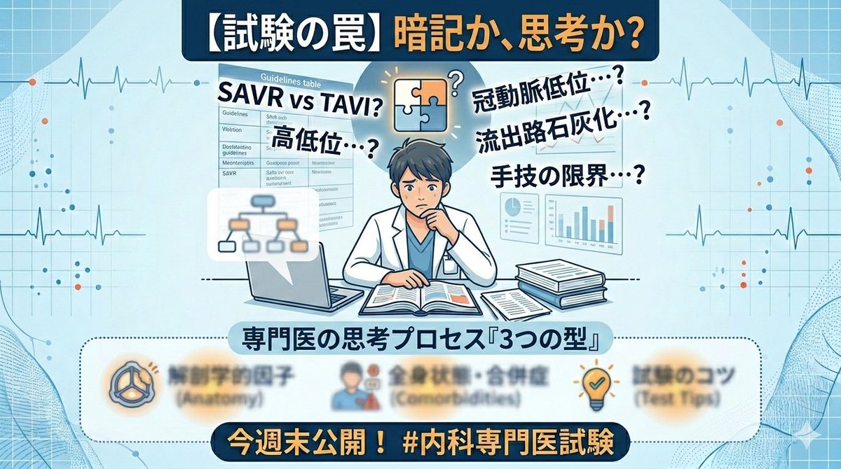 hitsujidoctor's tweet photo. 【内科専門医試験まであと90日】

ASにおける「SAVR vs TAVI」の理解、しっかりできていますか？

ガイドラインの表をそのまま丸暗記しようとすると、「冠動脈起始部低位」や「左室流出路石灰化」のような解剖学的因子が出た瞬間に思考停止します。それが試験の「罠」です。

実はこれら、解剖学的知識を丸暗記せずとも理解可能です。

「手技の限界」を理解し、思考の「型」を持っていればOKです。その『3つの型』さえあれば、複雑な試験問題もパズルのように解けます。

今週末、その「型」を公開します。

#内科専門医試験