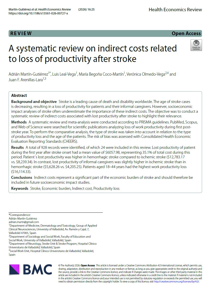 Compartimos nuestra reciente publicación: "A systematic review on indirect costs related to loss of productivity after stroke".
Gracias a todo el equipo investigador 🔎
link.springer.com/article/10.118…