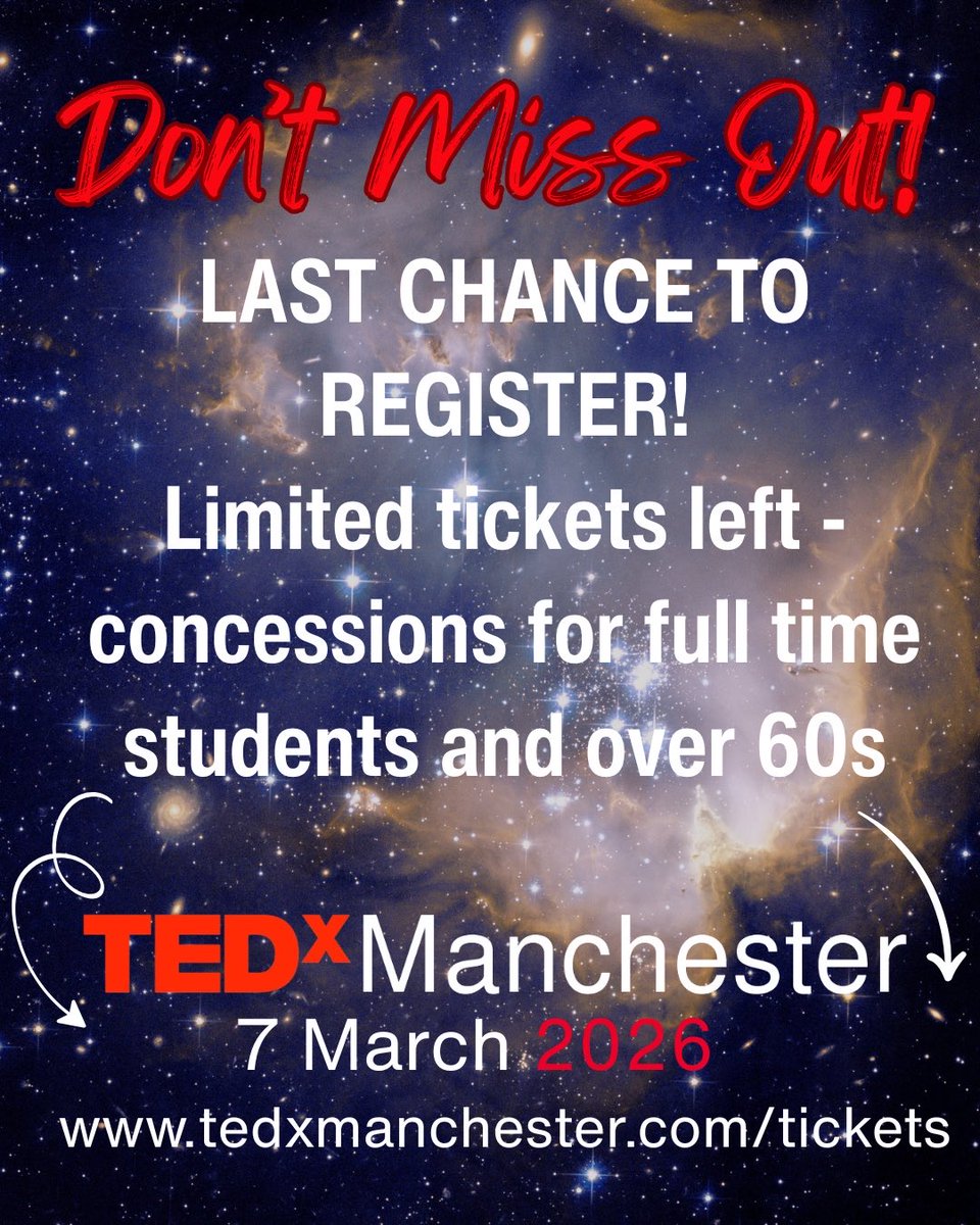 TEDxManchester's tweet photo. 📣LAST CHANCE!

🎟️We have limited tickets still available - and concessions for full time students and over 60s.

🙌Don’t miss out! Register today and join us for one unforgettable day ⬇️

📆 Saturday 7th March 
📍 The Bridgewater Hall
🎟️ https://t.co/sSu7YYvrBF

#tedxmanchester https://t.co/RzP2RfNSe1