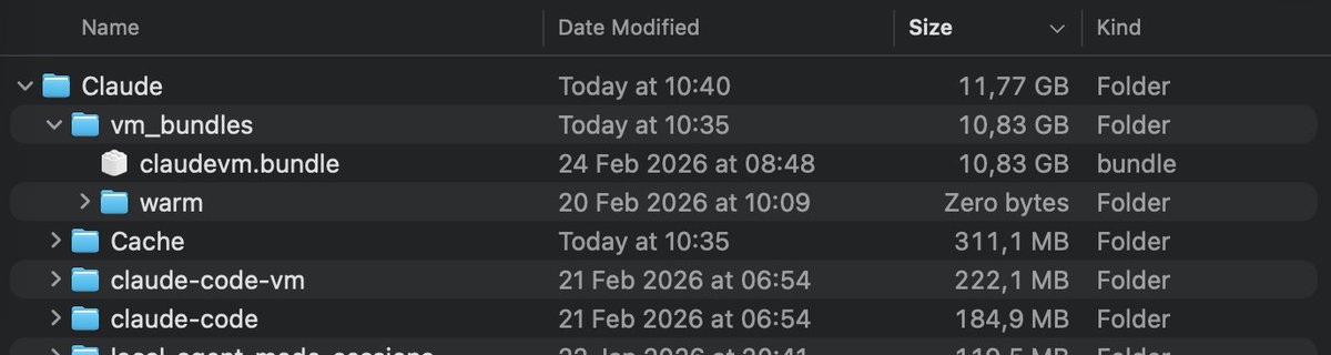 rubenmeul's tweet photo. PSA: Claude Cowork quietly eats ~12 GB of disk space when enabled. That's a 10.8 GB VM bundle just sitting in ~/Library/Application Support/Claude. Might want to keep an eye on that if you're running low on storage. 👀 https://t.co/XT4oZSWVOd
