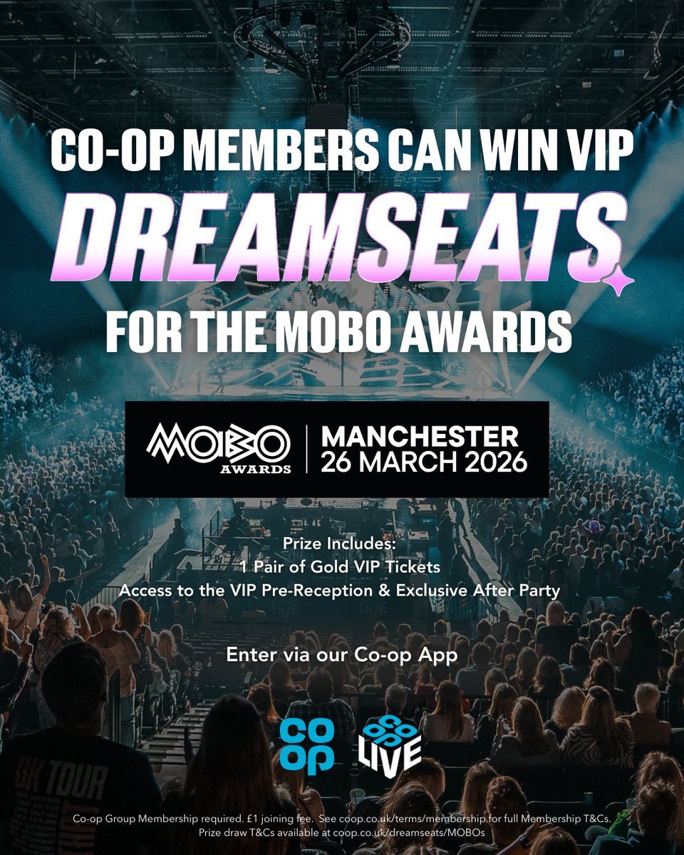 The 2026 MOBO Awards are coming to <a href="/TheCoopLive/">Co-op Live</a> the first time, and you could be there! <a href="/coopuk/">Co-op</a> Members have the chance to win VIP Dreamseats. Enter now on the Co-op app 📲 T&amp;Cs apply: coop.uk/4kMdCNk