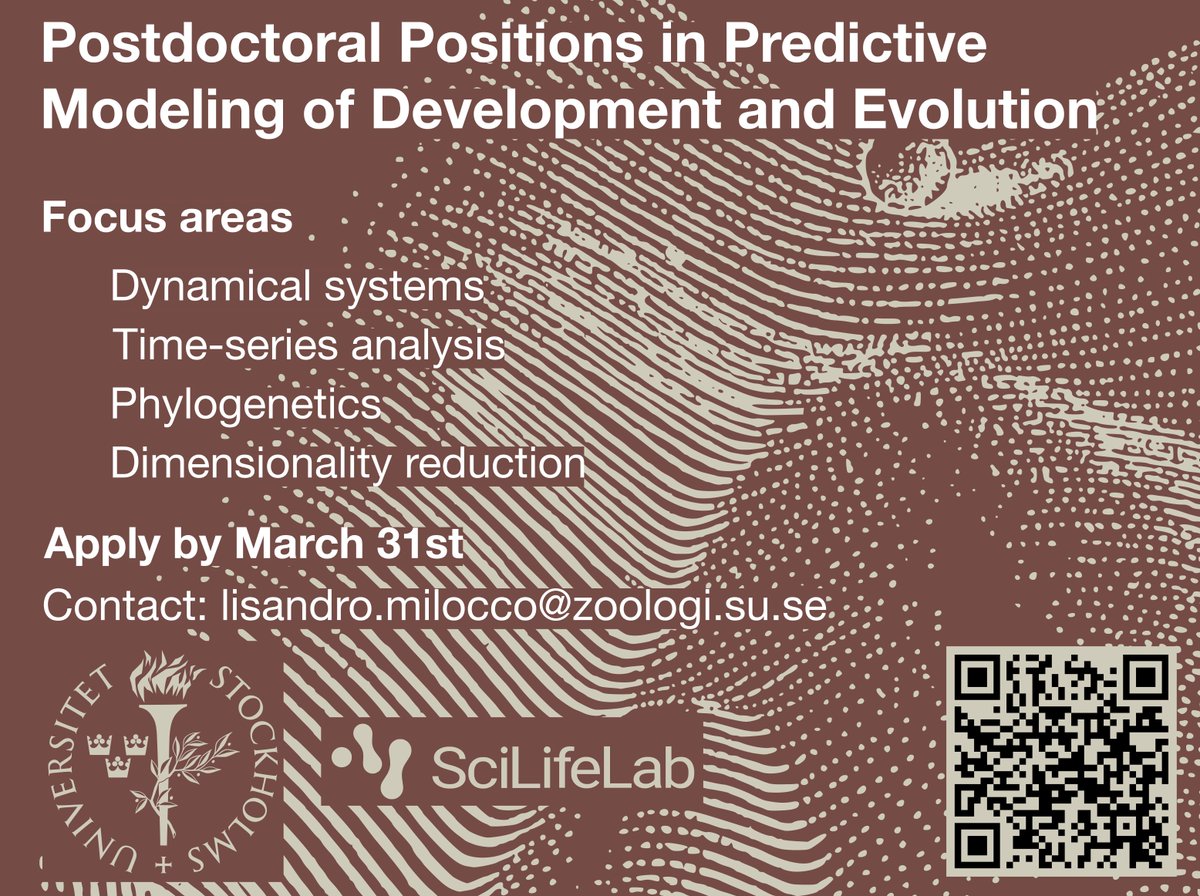 LisandroMilocco's tweet photo. 🚨 We're hiring!  Postdoctoral positions in modeling of development and evolution at Stockholm University and SciLifeLab

Focus: dynamical systems, time-series, phylogenetics, dimensionality reduction

📍 Stockholm
🕒 2+1 years
🔍 Details: https://t.co/Zy6BObACBD

Please share! https://t.co/JdPvhuViJr