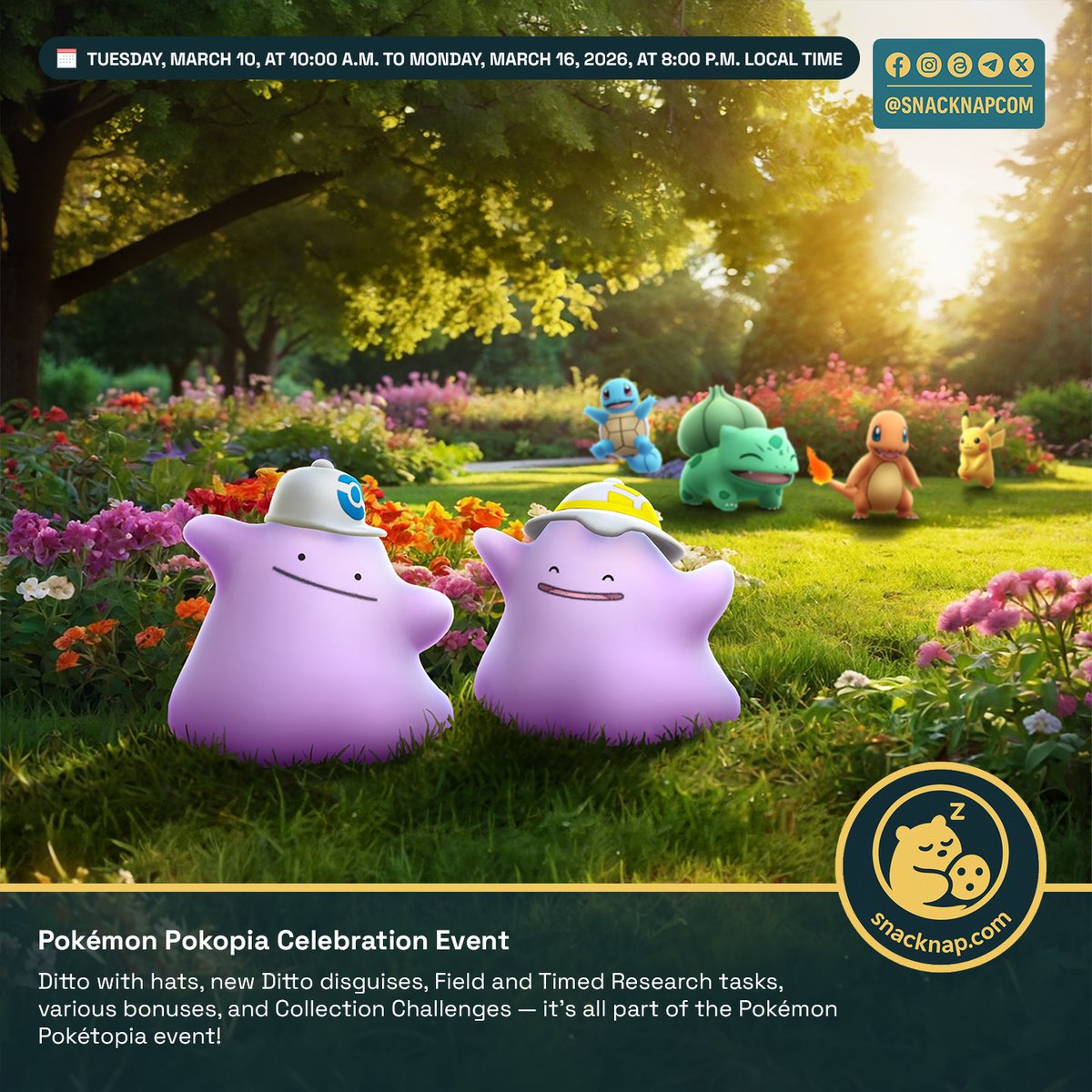 snacknapcom's tweet image. 🎉 Pokémon Pokopia Celebration Event begins soon in Pokémon GO!

🗓️ March 10 – March 16

Get ready for themed spawns, bonuses, and more!

Details:
snck.cc/1223

#PokemonGO #Pokopia #PokemonGOEvent #SnacknapGO