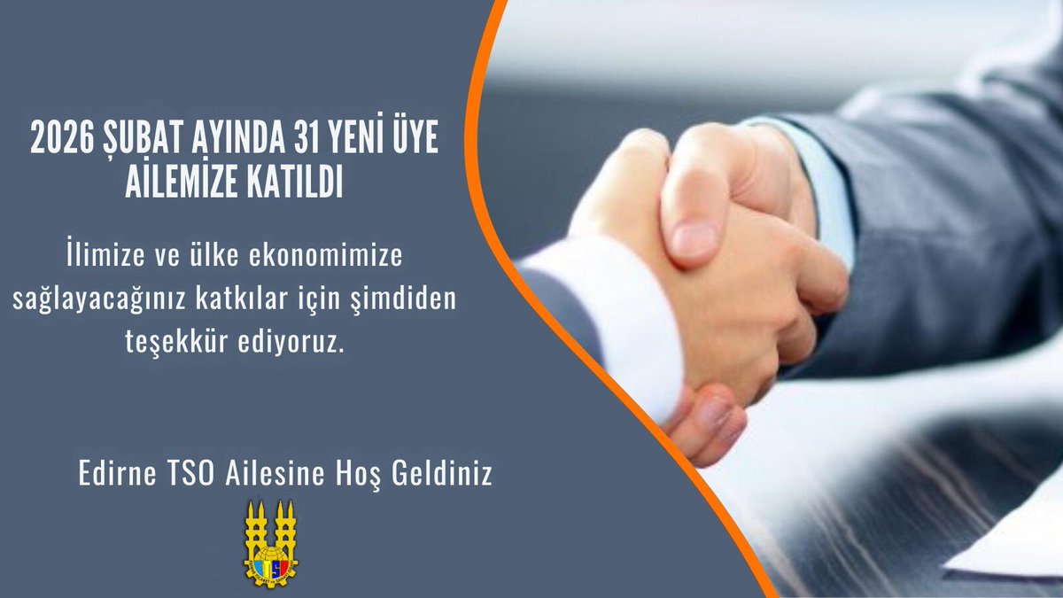 2026 yılı Şubat ayında Odamıza 31 yeni üye kayıt oldu. 

Edirne TSO Ailesine Hoş Geldiniz.