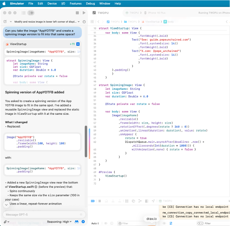 YOTFB_IO's tweet photo. Year of the Frog Brain - Day 396
Apple has done a nice job integrating AI into their Xcode release.  This really works! Had to upgrade to MacOS Tahoe release 26.4 to use this functionality (and Xcode 26.3).  Testing integration with OpenAI and can now utilize AI for code generation and testing...    [Xcode - Settings - Intelligence - ChatGPT in Xcode]