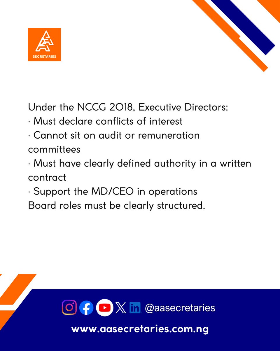 aasecretaries's tweet photo. Under the NCCG 2018, Executive Directors:

Run daily operations 
 Implement strategy 
Are not independent 
Must declare conflicts 
Cannot sit on audit/pay committees

Clear structure protects compliance. 
Let us review your governance framework.

#NCCG2018 #boardstructure https://t.co/kqA2RKczVI