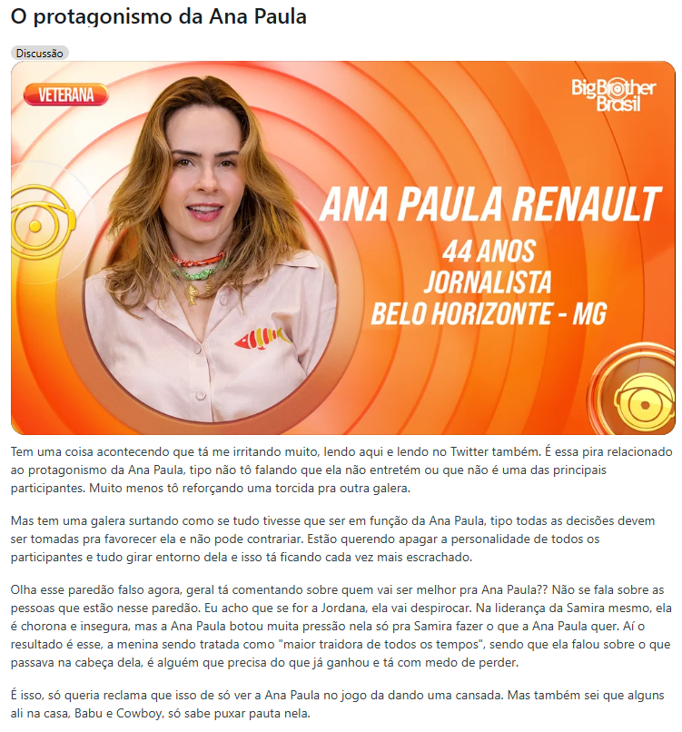 HaftasArden's tweet image. Resumo do texto: Muita gente exagera no protagonismo de Ana Paula, fazendo tudo girar em torno dela e apagando outras personalidades; decisões e críticas estão centradas em favorecê‑la, sem considerar os demais.

#BBB26 #RedeBBBB