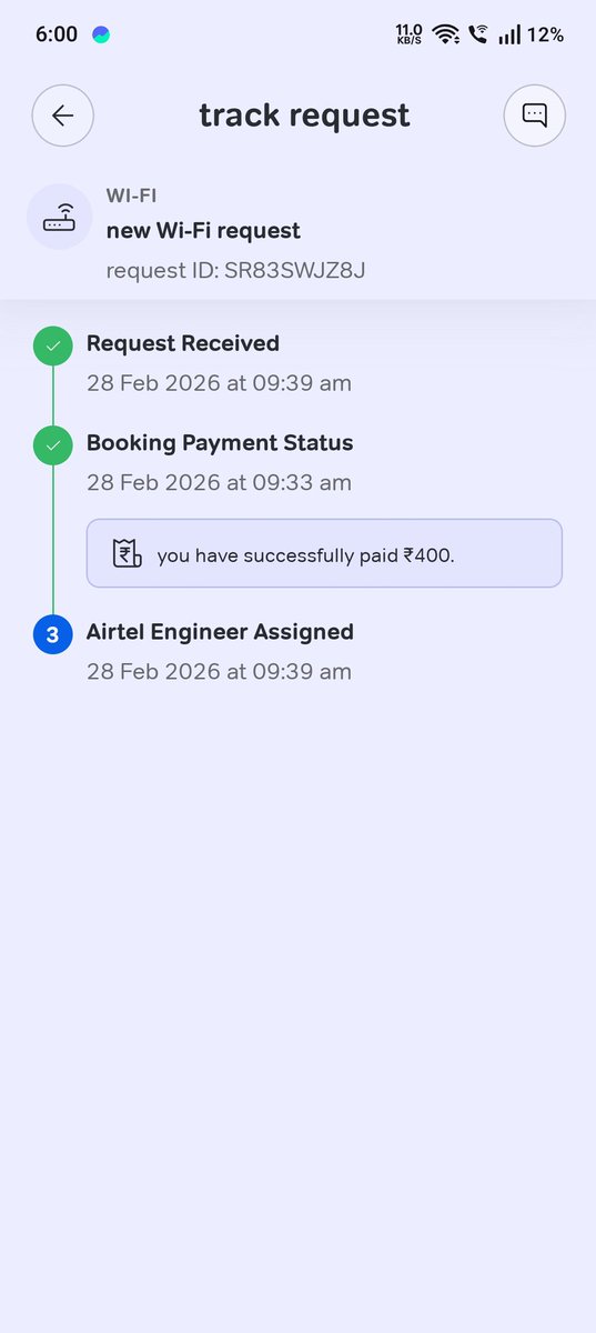 Ashishktcs's tweet photo. @airtelindia @airtelnews I am writing to report a delay in my new Wi-Fi installation (Request ID: SR83SWJZ8J).
Payment of ₹400 was completed and an engineer was assigned on Feb 28, 2026, yet the request remains pending and no technician has contacted me. https://t.co/HO7efJRySo