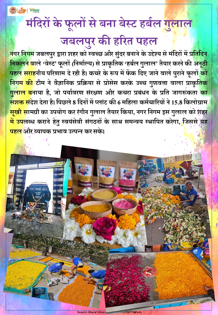 मंदिरों के ‘वेस्ट’ फूलों से बना ‘बेस्ट’ गुलाल! 
नगर निगम जबलपुर की इस अनूठी पहल ने शहर में स्वच्छता और पर्यावरण संरक्षण की नई मिसाल पेश की है। निर्माणालय में फेंके जाने वाले फूलों को प्रोसेस कर 100% प्राकृतिक और सुरक्षित हर्बल गुलाल तैयार किया गया #SwachhSurvekshan2025