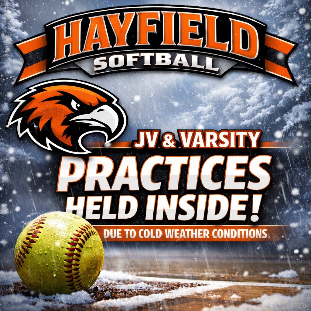 Hayfield Softball Update 🧡🖤🤍
Due to cold temperatures and the possibility of snow and rain, both JV and Varsity practices will be held indoors.