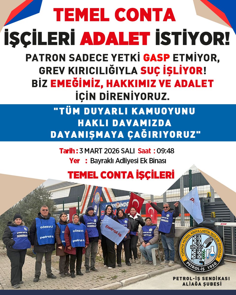 temelcontagrev's tweet photo. Temel Conta Grevi 448. Gün ✊
Yarın grev kırıcılığı davamız var. 448 gündür süren direnişte adalet için mahkemedeyiz.

📍 Bayraklı Adliyesi Ek Binası
🕘 09.48

Tüm emek dostlarını dayanışmaya çağırıyoruz🙏 https://t.co/XY01O2CzxK