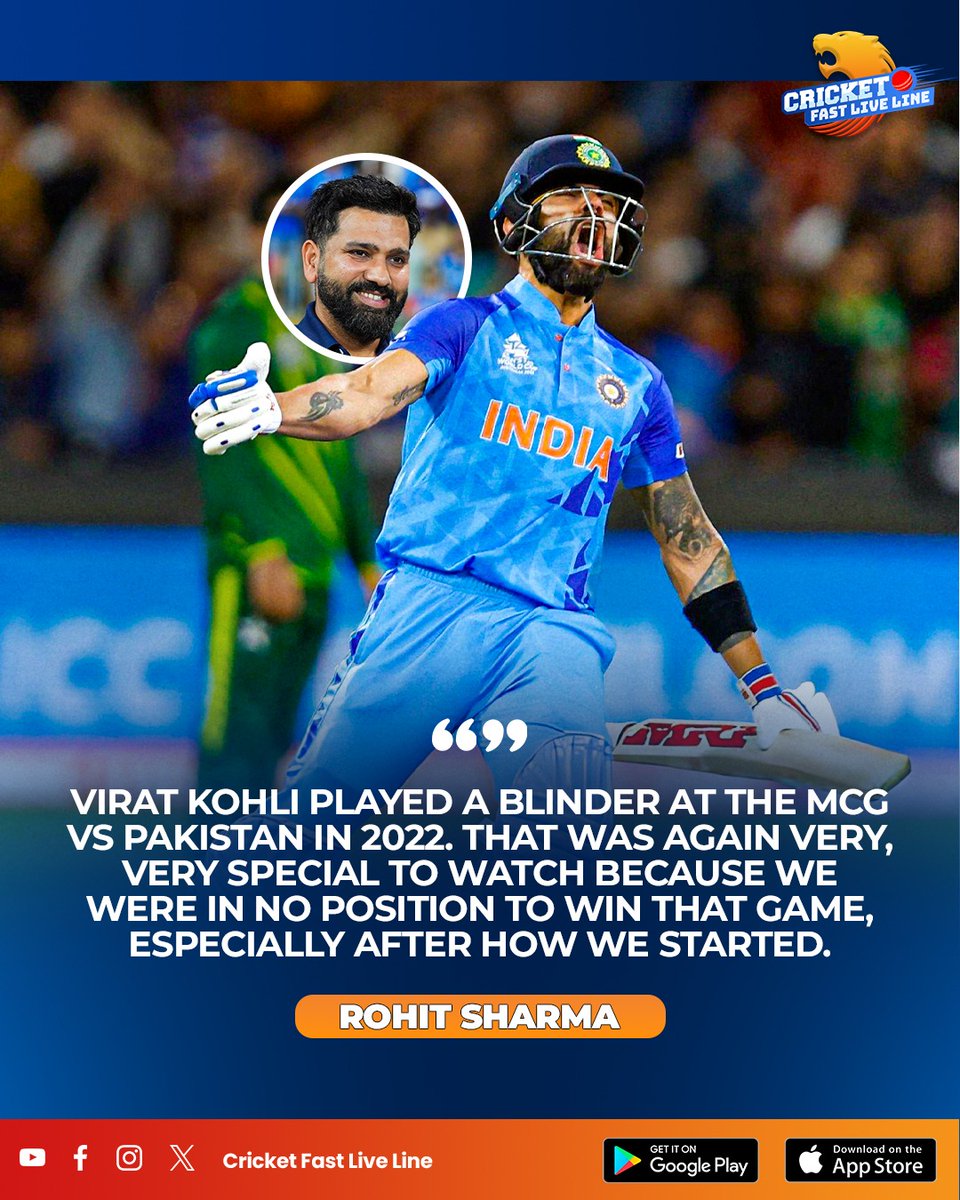 cfll_official's tweet photo. Even years later, the magic of Melbourne still feels like yesterday. Rohit Sharma takes a moment to look back on one of the greatest individual performances in cricket history.๐ซก๐ฏ
.
.
.
#ViratKohli #RohitSharma #INDvsPAK #MCG #T20WorldCup #MelbourneMagic #CricketHistory https://t.co/SY5KzjZItt