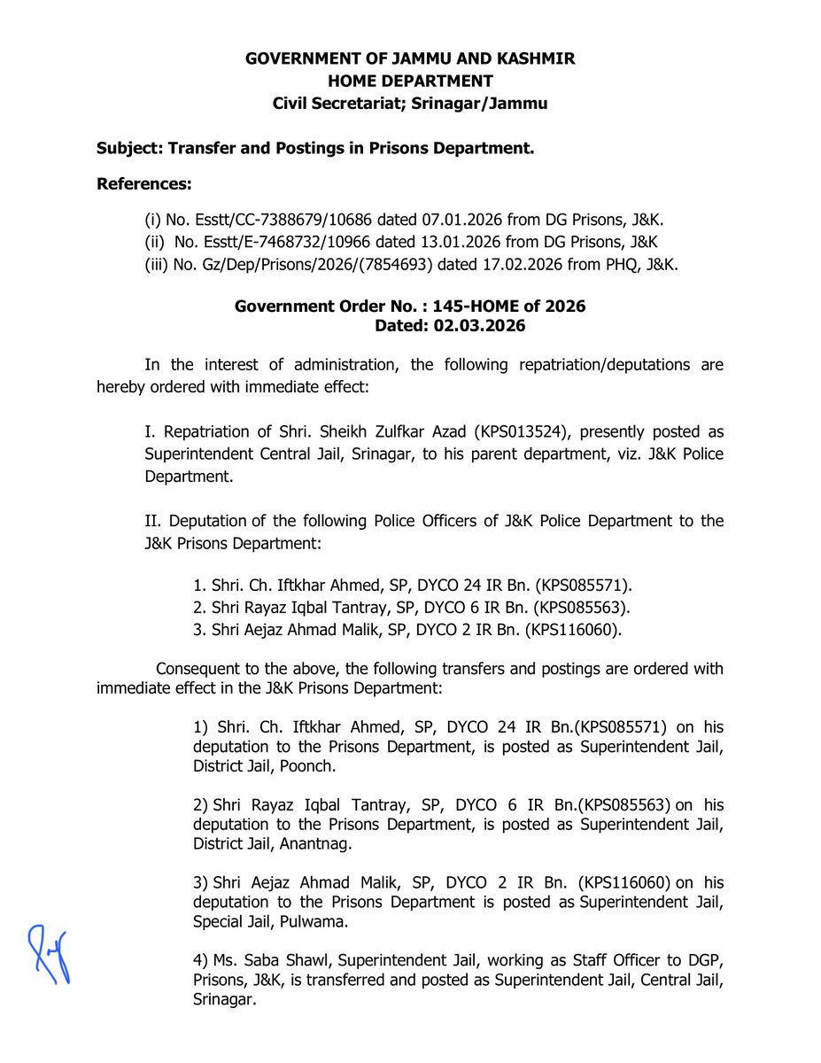 jkmediasocial's tweet image. Jammu and Kashmir Home Department has #ordered a series of #transfers and #postings in the Prisons Department with immediate effect.