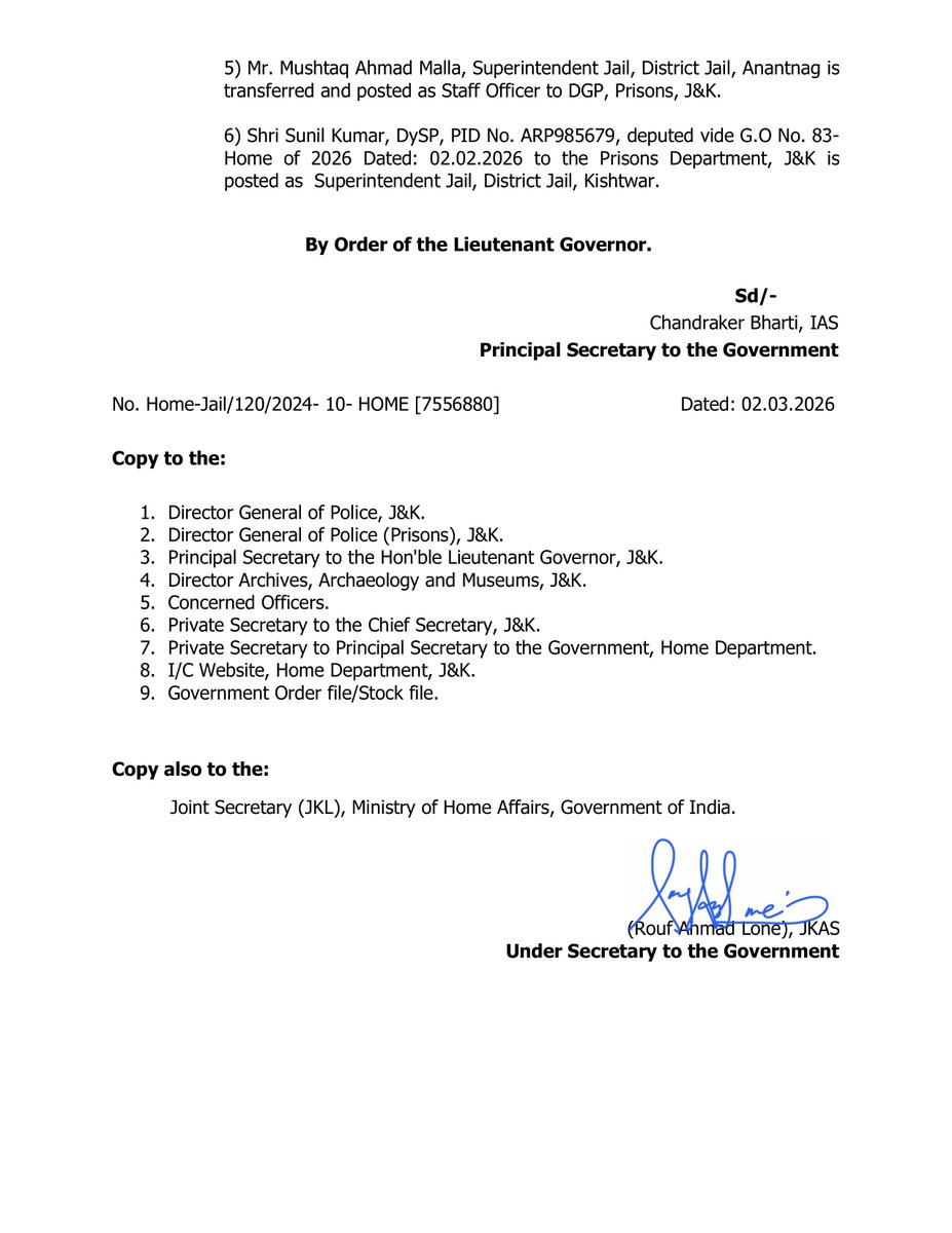 jkmediasocial's tweet image. Jammu and Kashmir Home Department has #ordered a series of #transfers and #postings in the Prisons Department with immediate effect.