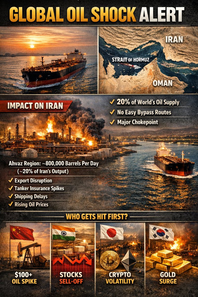 crypto_vista's tweet photo. 🚨 GLOBAL OIL SHOCK ALERT
Tensions in the Middle East are putting one of the world’s most critical energy routes at risk.
Nearly 20% of global oil supply flows through the Strait of Hormuz — a narrow chokepoint with almost no full-capacity alternatives. https://t.co/1QkAaAlEtN