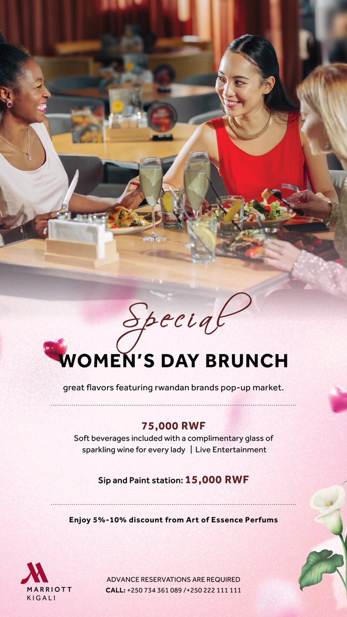 KigaliMarriott's tweet photo. Celebrate her with flavour!
This Women’s Day, toast to her with exclusive offers across our restaurants. Great food, special moments, and a celebration she deserves. 

For reservations call +250 734 361 089

 #womensday   #CelebrateHer https://t.co/bQTq3igPJ7