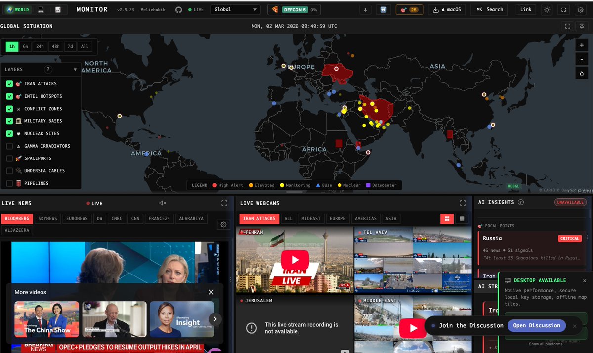 jitesh_prataps's tweet photo. Turning world news into a dashboard is amazing, this has live streams and its open source. Amazing job @eliehabib
#WorldMonitor #Iran #IsraelIranWar #PeaceNotWar https://t.co/pFFFBbqZhY