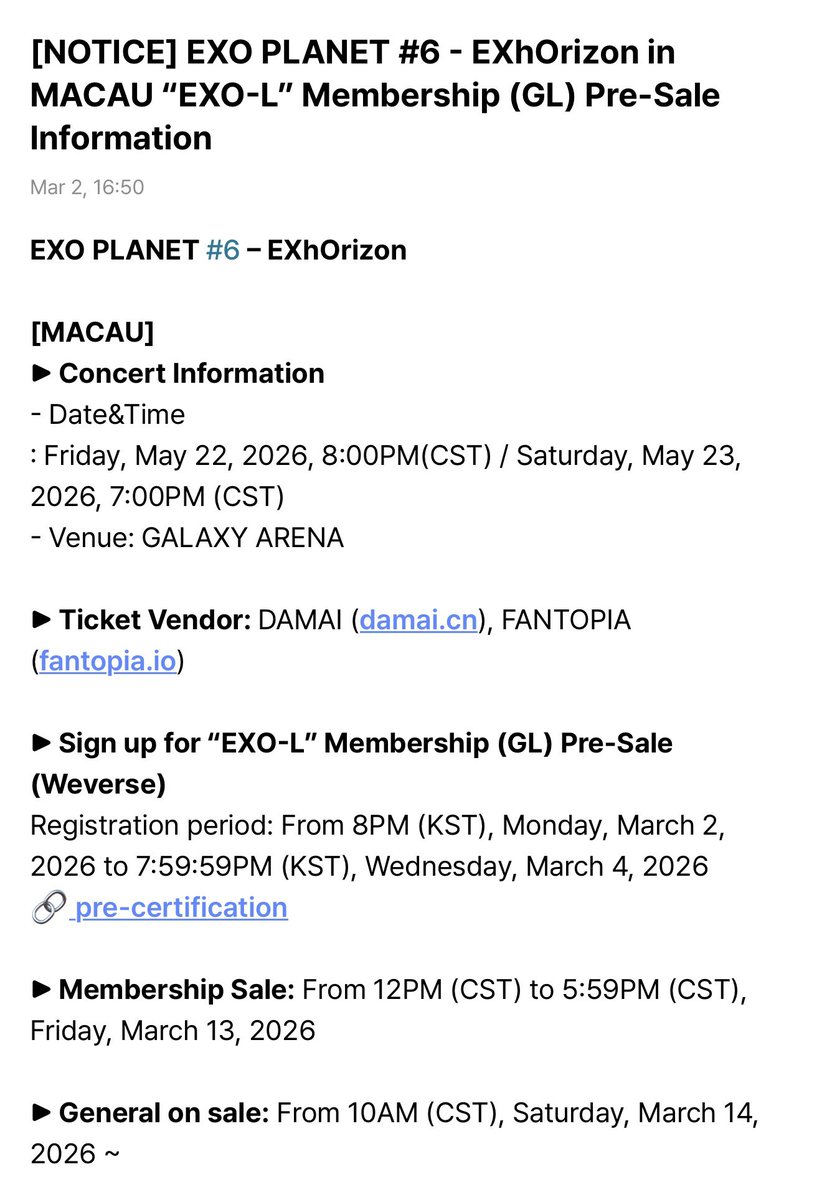 คอนเอ็กโซเริ่มเปิดให้กดลงทะเบียนซื้อบัตรรอบพรีเซลสำหรับเมมเบอร์ weverse แล้วคับบบ อันนี้ของมาเก๊า

ที่ไทยน่าจะเร็วๆนี้ 🥹🥹