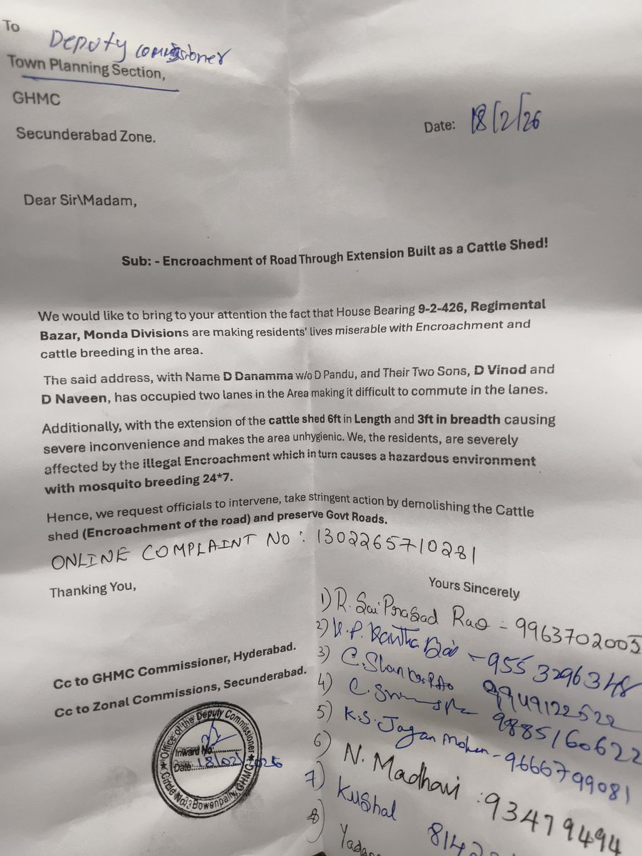 SaiRapolu's tweet photo. Raised complaint online with number: 1302265710281 and submitted manual complaint at deputy commissioner peschi. No action taken till date. https://t.co/Yd2rSyA9Ib