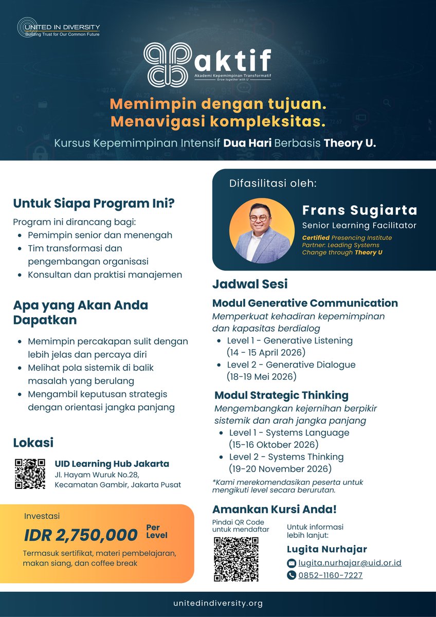 uidindonesia's tweet photo. Memimpin hari ini bukan hanya soal posisi, tetapi tentang kejernihan berpikir dan kualitas dialog

UID–AKTIF adalah kursus kepemimpinan intensif dua hari berbasis Theory U untuk membantu para pemimpin menavigasi kompleksitas dengan lebih sadar dan strategis.
#UIDAKTIF https://t.co/u7UX0nVGbV