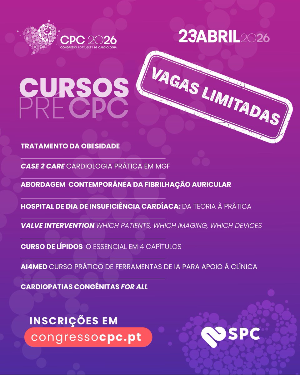 spcardio's tweet photo. Cursos Pré-CPC 2026
Dois cursos já esgotados.

 As vagas são limitadas.

Inscrições e mais informação:
 https://t.co/K00qdKAw7t

#CPC2026 #CursosPréCPC #CPCinMotion https://t.co/hgTZjrwxae