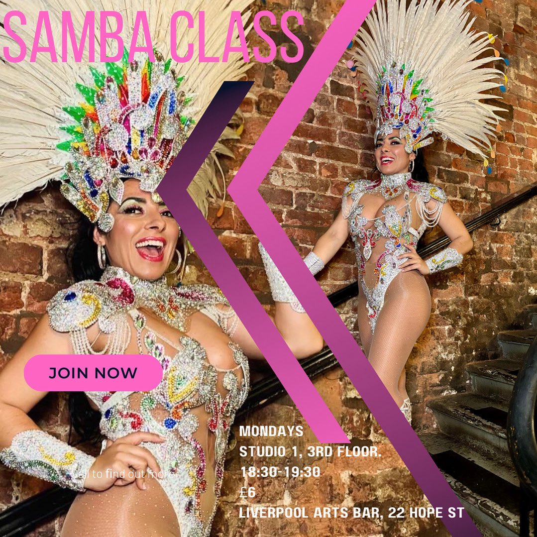 Come learn samba! Every Monday! 

Mondays
Studio 1, 3Rd floor. 
18:30-19:30 
£6
Liverpool Arts Bar, 22 Hope St

#sambaclassnorthwest #liverpool #itsliverpool #sambadancers #sambaclass #danceclass #simonereeves 
#braziliandance #samba #fitness #thisgirlcan #mondaymotivation