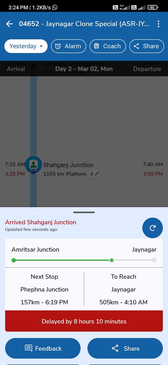 hariom507's tweet photo. More than 8-hour delay for train 04652. It’s clear @RailMinIndia has zero value for people’s time. This is beyond frustrating. #Indian railways #Train delay 
@RailwayNorthern https://t.co/ywWTgWLfrV