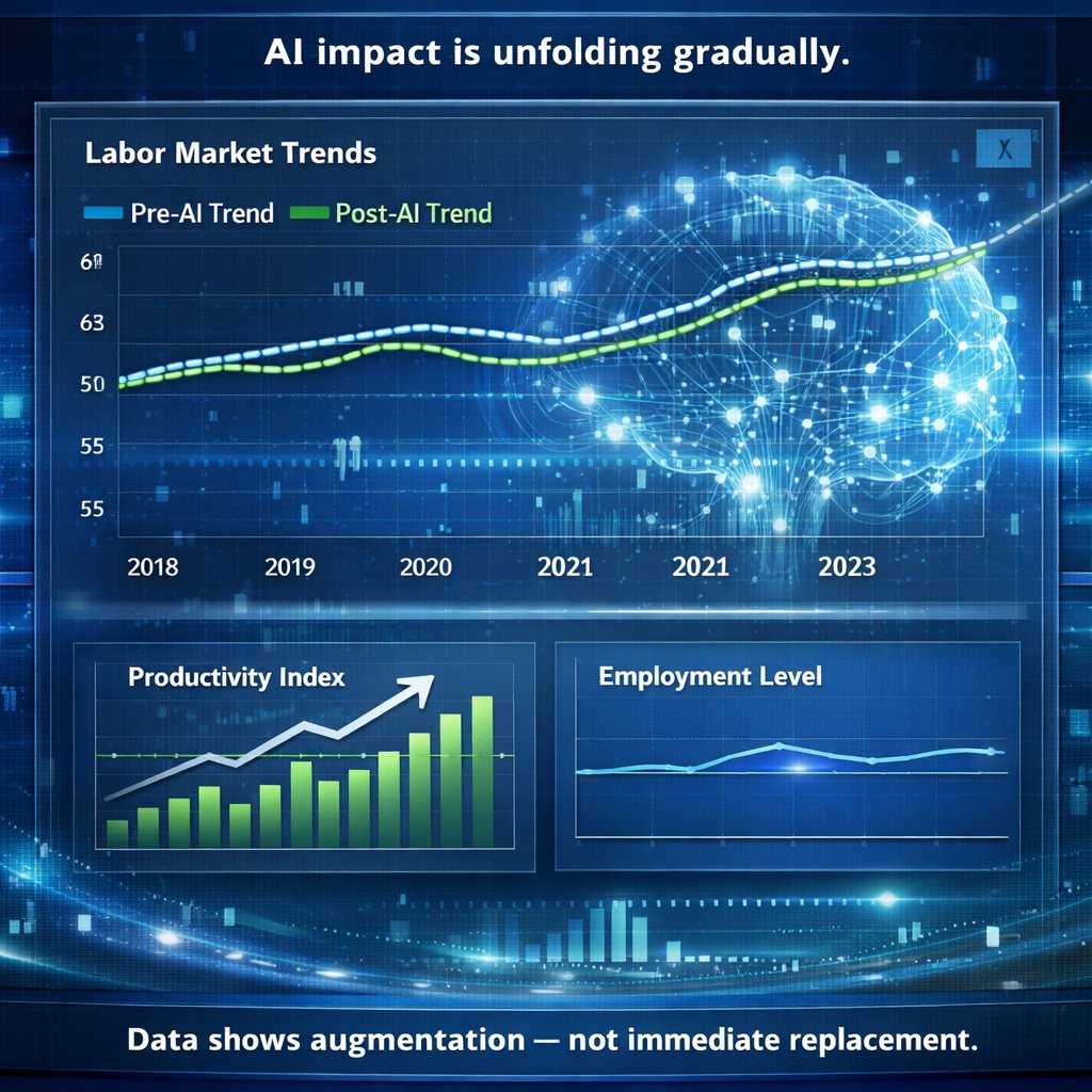 BpoWizard's tweet image. Sam Altman says fears of AI-driven job loss may be overstated, with impact expected to unfold gradually

Data from Yale Budget Lab shows labor market trends remain largely in line with pre-ChatGPT levels, suggesting AI is currently augmenting work more than replacing it

#ChatGPT