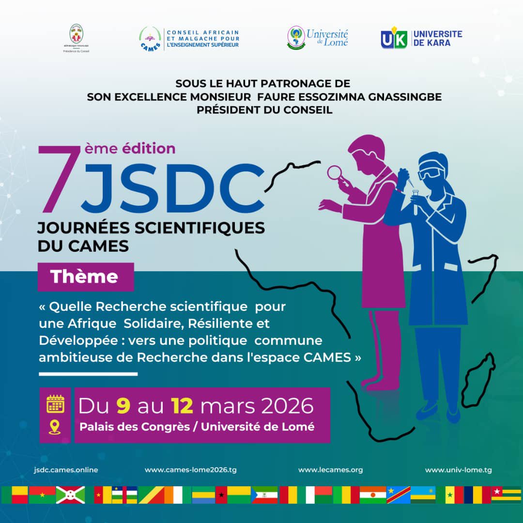 officielccitogo's tweet photo. Les 7ᵉ Journées Scientifiques du CAMES sont couplées avec la 1ʳᵉ édition de la F2i-Togo 🇹🇬

📍 Université de Lomé
📅 9–13 mars 2026

Rejoignez la vitrine nationale de l’innovation !

👉 https://t.co/9NiMcw8pMY

#F2iTogo2026 #CAMES2026 #InnovationTogolaise https://t.co/Ogq0oHEyyH