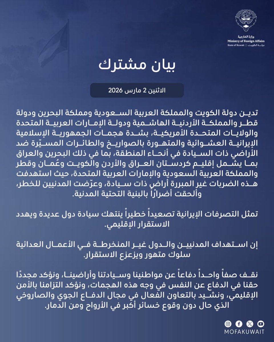 بيان مشترك
الإثنين 2 مارس 2026

تدين دولة الكويت والمملكة العربية السعودية ومملكة البحرين ودولة قطر والمملكة الأردنية الهاشمية ودولة الإمارات العربية المتحدة والولايات المتحدة الأمريكية، بشدة هجمات الجمهورية الإسلامية الإيرانية العشوائية والمتهورة بالصواريخ والطائرات المسيّرة ضد