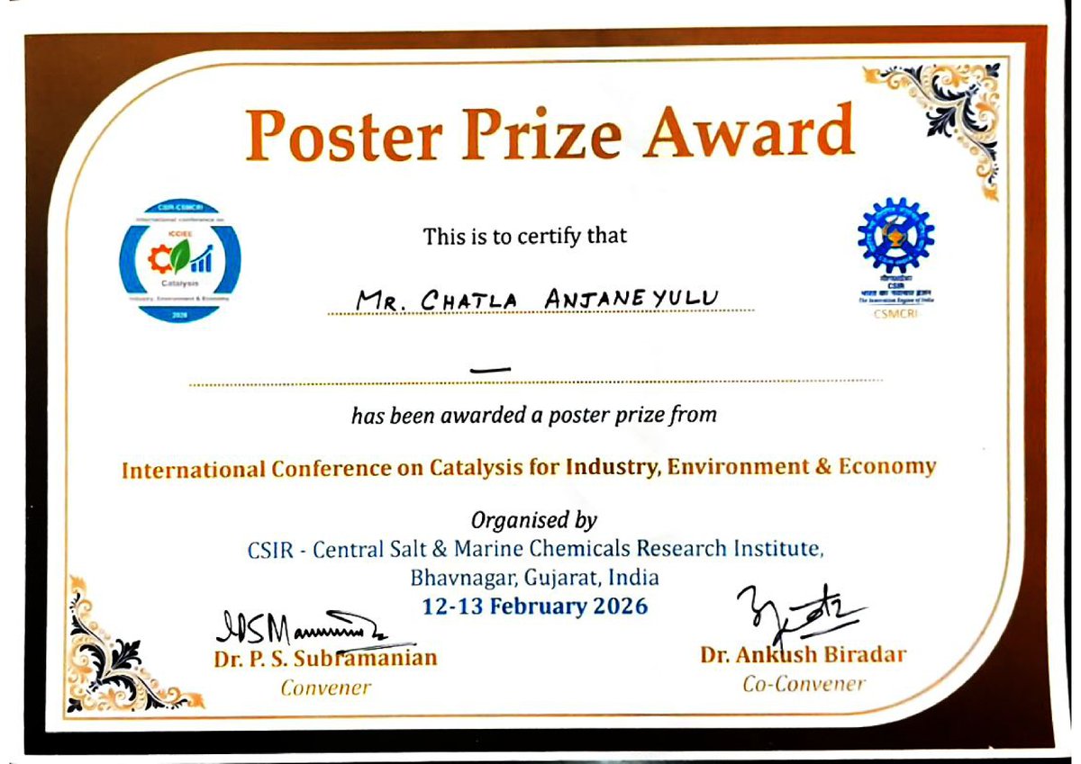csiriict's tweet photo. Congratulations to Dr. Anjaneyulu Chatla !!
He has received Best Poster Award at International Conference on Catalysis: Industry, Environment and Economy (ICCIEE 2026).
@CSIRIndia @CSIR_NIScPR @AcSIR_India
#CO2Utilization #carboncapture #catalysis #coppercatalyst https://t.co/mQ2vw4RZTI
