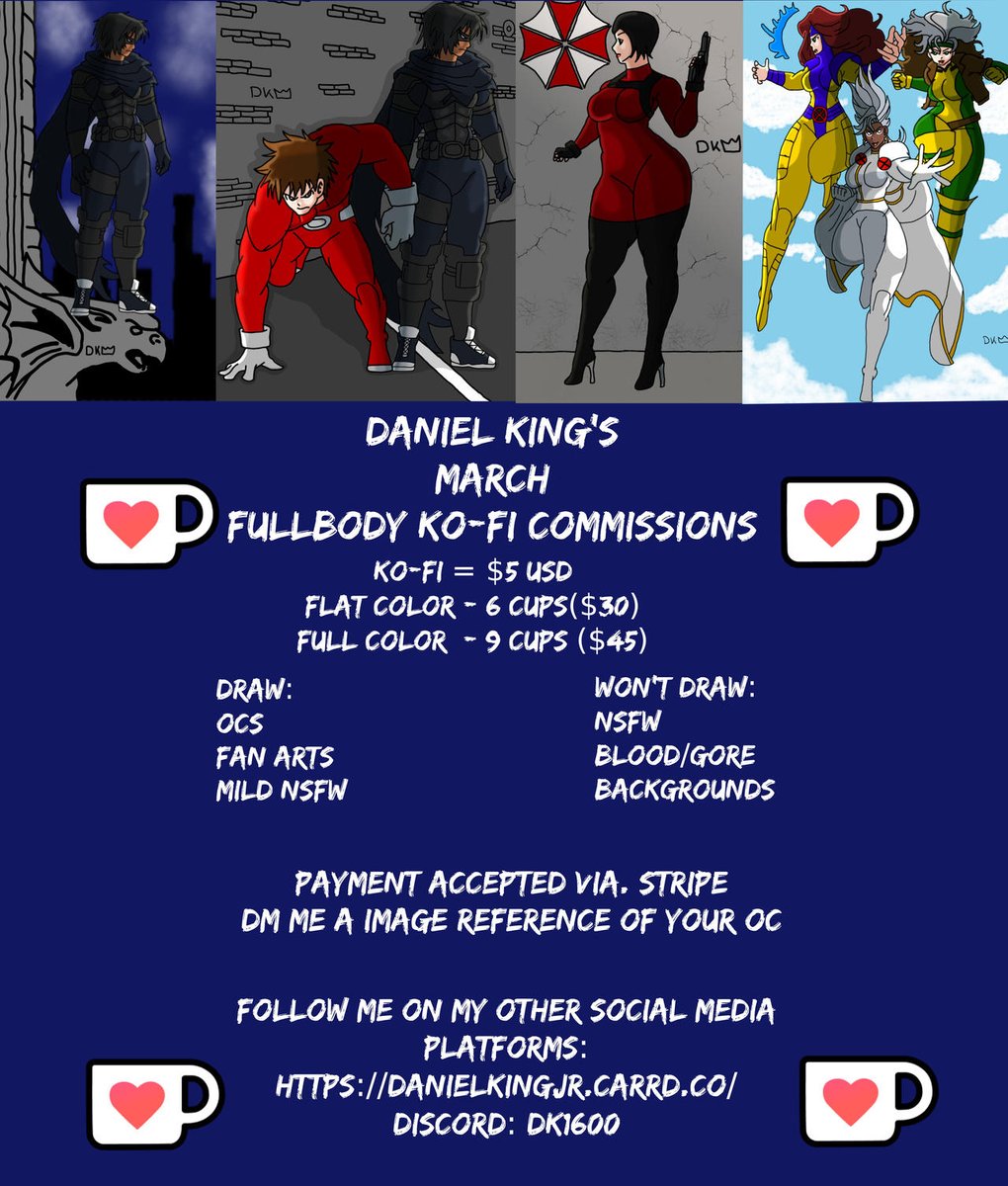 DanielKingx16's tweet photo. March Fullbody Ko-fi Commissions are Officially OPEN
10 Slots are Available
DM Me an Image Reference of Your OC or Fan Art
Likes & Retweets are appreciated.
#koficommission #commissionsopen #fullbodycommission #kofisupport
https://t.co/k8gzHCulyo https://t.co/50tWtcdf0y