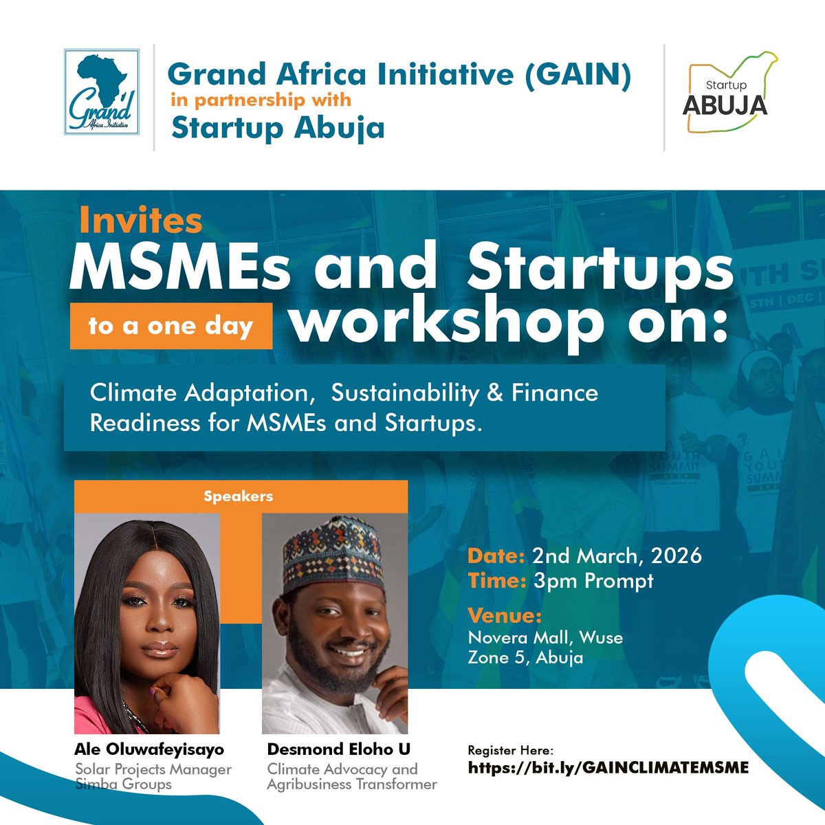 The MSMEs and Startups workshop is happening today!

Topic: Climate Adaptation, Sustainability &amp; Finance Readiness for MSMEs and Startups

Our speakers, Oluwafeyisayo Ale R. Engr, MNSE, COREN and Desmond Eloho Umukoro, are ready for you—Come &amp; tap their brains for free.