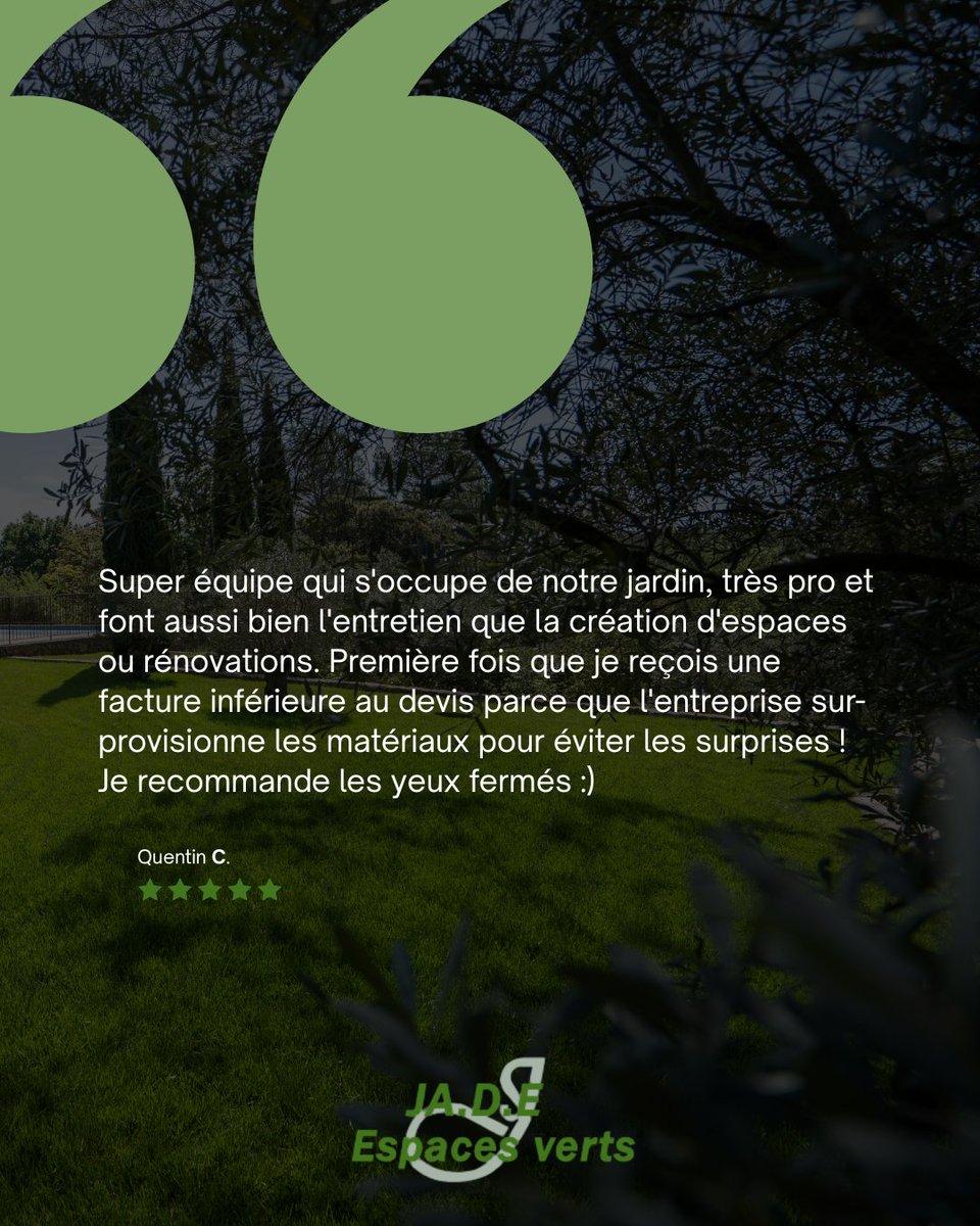 jadeespacesvert's tweet photo. 🌿 Focus sur quelques avis clients 🌿
Merci à nos clients pour leur confiance et leurs retours qui nous touchent sincèrement 💚
JADE Espaces Verts est membre du réseau Plus que PRO, avec une note de 4,8 / 5 basée sur 149 avis contrôlés.
#AvisClients #Paysagiste #JADEEspacesVerts https://t.co/IMleTw32wt