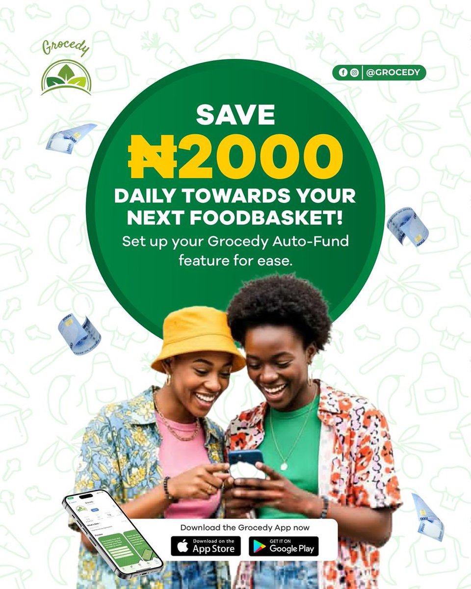 Take the stress out of grocery shopping by saving small, daily amounts toward your next food basket.

With the Grocedy Auto-Fund feature, you can set it and forget it, building your budget ₦2000 at a time!💚

Download the Grocedy App now on the App Store or Google Play!
#Grocedy