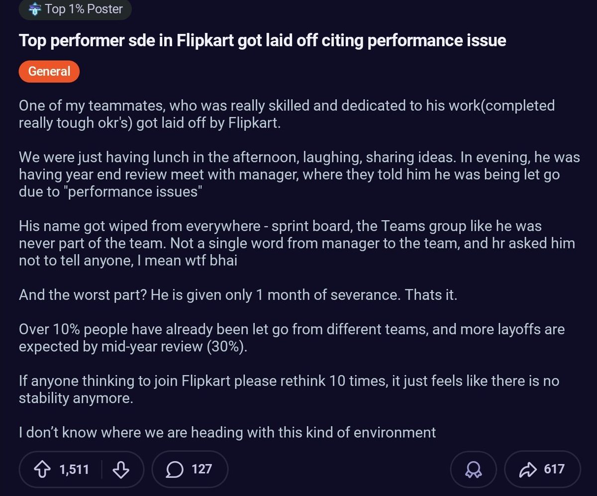 Companies don't care about what kind of top performer you are. It's all about your labour cost.

The higher your CTC, the more they're trying to replace you, behind the closed doors.

Being loyal to any firm is the most low IQ move ever.