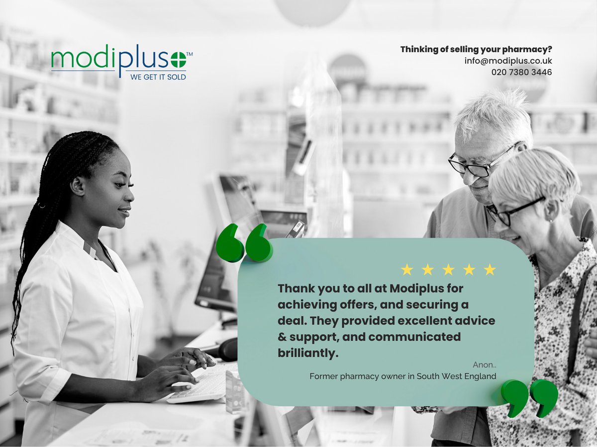 modiplus's tweet image. Join our happy clients and sell your pharmacy through Modiplus! 😀

Whether you want to retire or are ready for a change, we will guide you every step of the way. 🤝

Contact us by email info@modiplus.co.uk or telephone 020 7380 3446.

#Modiplus #WeGetItSold #CommunityPharmacy