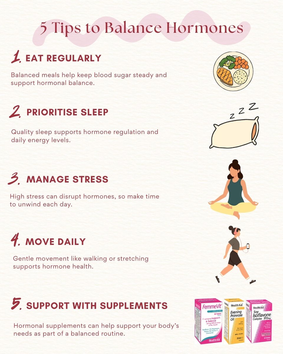 HealthAidltd's tweet image. Feeling off-balance?😓 Your hormones might be trying to tell you something! Try these practical ways to support your hormones naturally and feel more like yourself🌸 

#HormoneBalance #SelfCare #WellbeingTips #HealthyHabits #Wellness #HealthAid