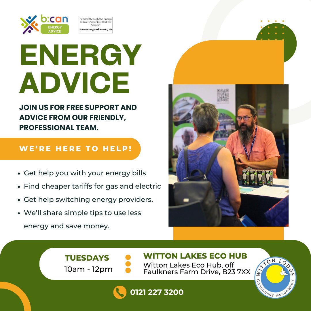 wittonlodge's tweet photo. High energy bills? 🤔 Join us on Tuesdays for FREE Energy Advice with our expert advisors! 

Get bill help, cheaper gas/electric tariffs, switch providers &amp; tips to save energy 💡✨

📍Eco Hub, B23 7XX 🕛10AM-12PM - Seen in order of arrival

 #Erdington #CommunitySupport https://t.co/ZSqtMAIZR0