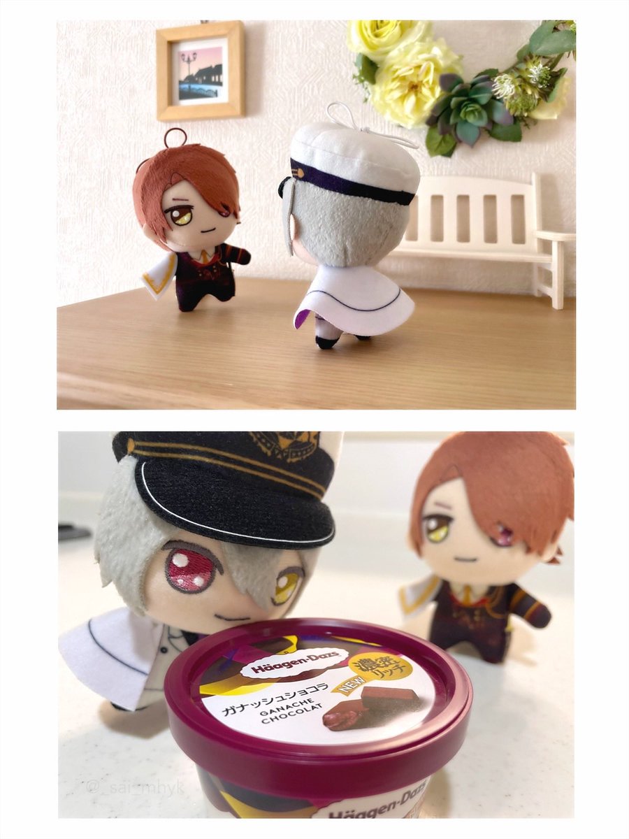 🧳いちばん裏切らないもの、知ってる？
⚔️筋肉のはなしか？

🧳えんじのカップのアイスクリームだよ。
⚔️また勝手に冷凍庫から出して…

#まほやく_ぬい