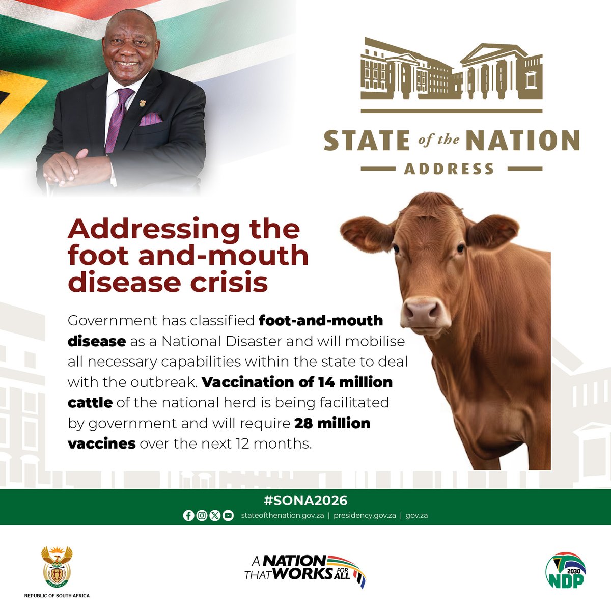 GovernmentZA's tweet image. #GovZAUpdates ➡️ The national strategy to address Foot-and-Mouth Disease aims to contain the virus transmission and reduce disease incidence within the next two to three years. #FMD #SONA2026 #ANationThatWorksForAll.