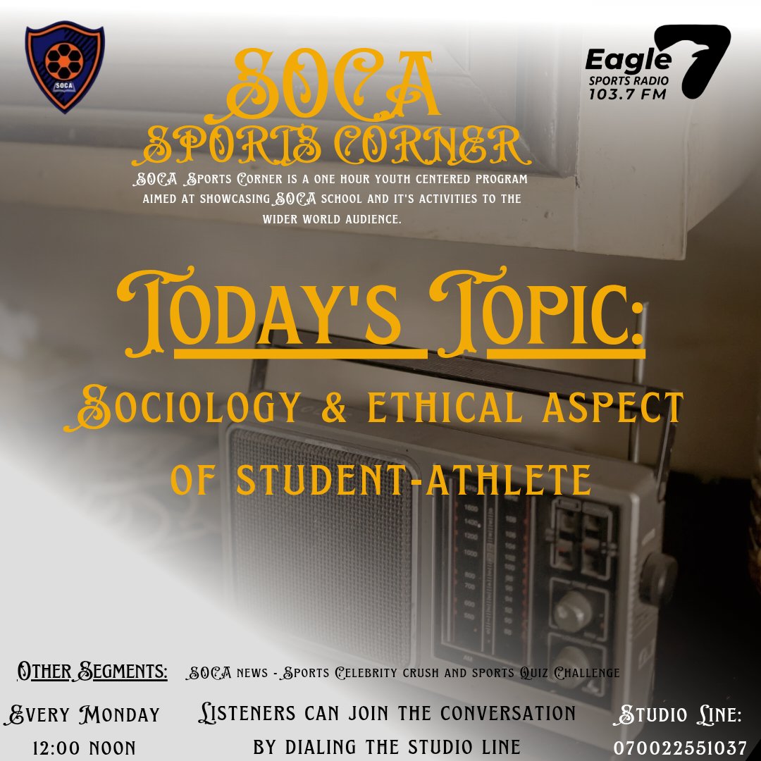 Soca_School's tweet photo. SOCA SPORTS CORNER will be live again by 12:00 Noon on @eagle7fm
One hour of Sports - Student topics https://t.co/CoUzn3mkuw