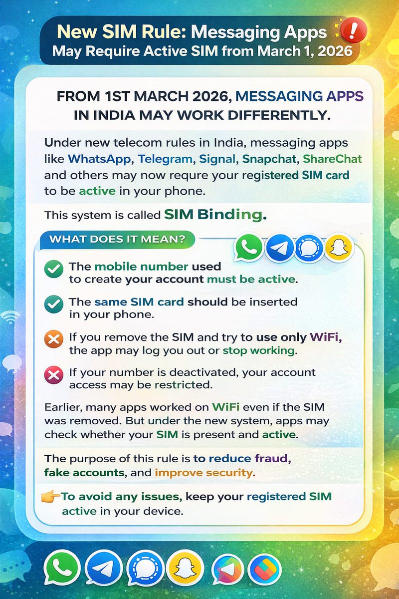 TrendTracer_IN's tweet photo. New SIM Rule: Messaging Apps May Require Active SIM from March 1, 2026.

#SIMBinding #NewTelecomRules
#IndiaTech #MessagingApps #DigitalSecurity #CyberSecurity
#WhatsAppUpdate #TechNewsIndia https://t.co/WICoAGxWCg