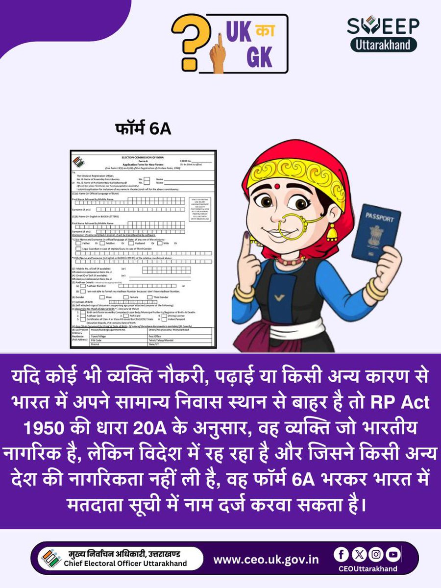 UttarakhandCEO's tweet image. यदि कोई व्यक्ति अपने सामान्य निवास स्थान से बाहर है तो RP Act 1950 की धारा 20A के अनुसार, वह व्यक्ति जो भारतीय नागरिक है, लेकिन विदेश में रह रहा है और जिसने किसी अन्य देश की नागरिकता नहीं ली है, वह फ़ॉर्म 6A भरकर भारत में मतदाता सूची में नाम दर्ज करवा सकता है।

#UKKaGK
#ECI
#NRI