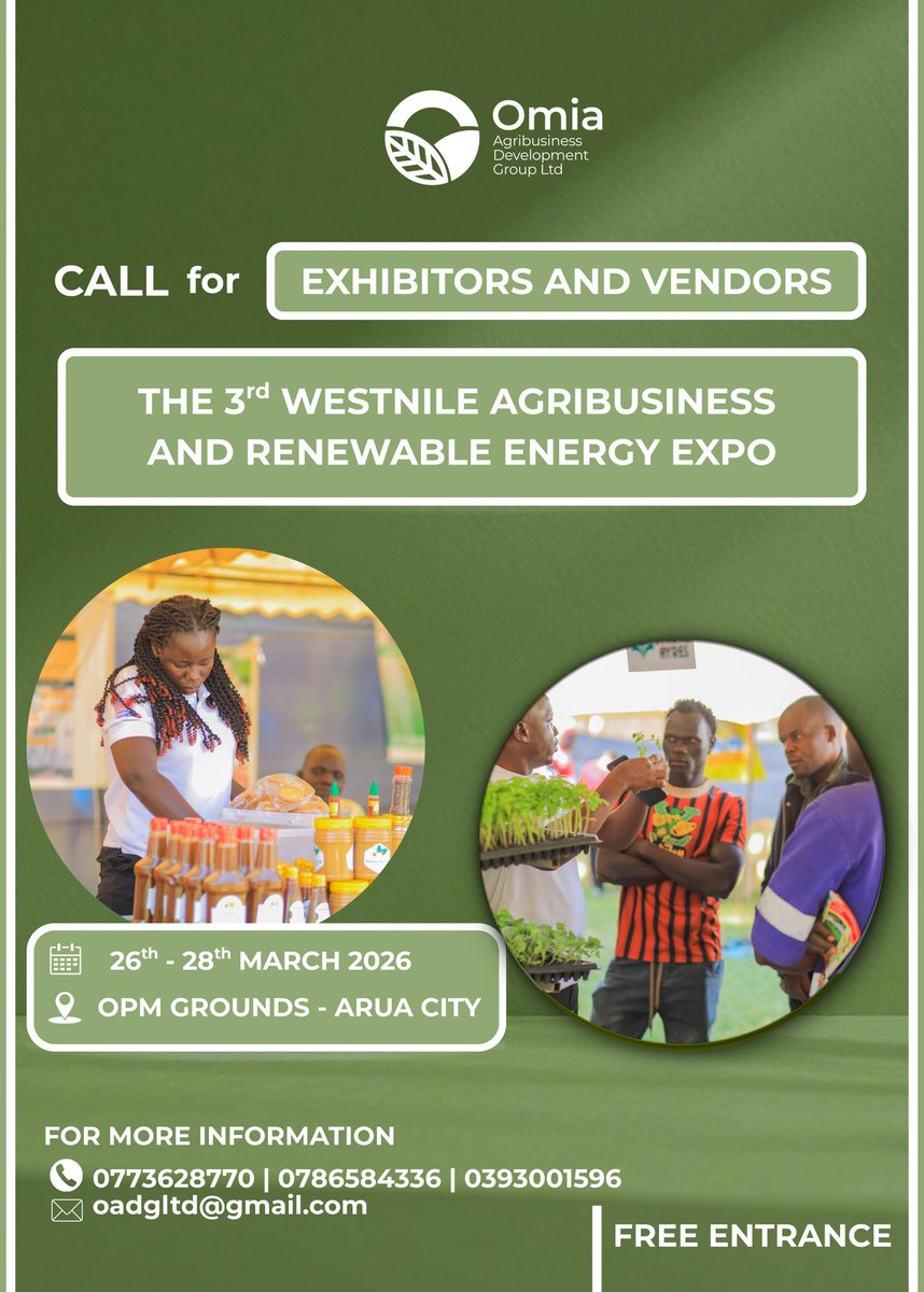 Dear partners and agribusiness experts, hope you had a fruitful #HarvestMoneyExpo2026.

Now, let's take the same momentum to West-Nile. 

Secure your  exhibition space for the #WestNileAgribusinessExpo2026 and connect with thriving agribusiness community in the West-Nile and