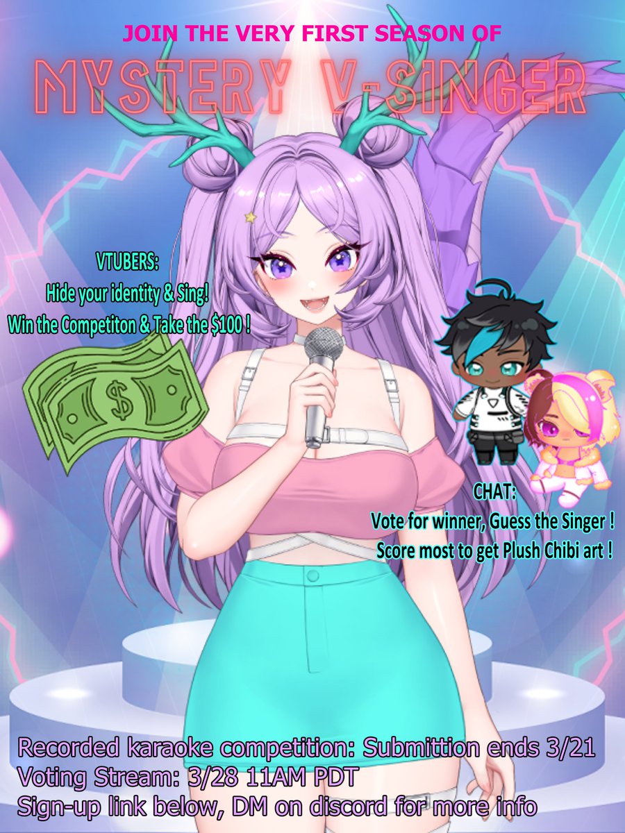🚨IT'S FINALLY HAPPENING!!!🚨
Juwa is hosting the very first ☝️
🎭🎤Mystery V-Singer! 🎤🎭

Chat votes 𝘖𝘕𝘓𝘠 on your singing! Can you steal the spotlight without your model? 

Prizes for both sides of participants- the singers AND the viewers! 🥳👏

Sign-up link below ⬇️
