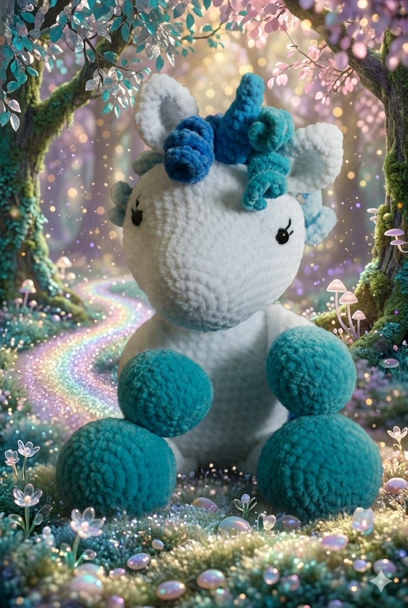 IxAriela's tweet photo. Díky inspiraci od @plavacek a jeho šikovné ženy @HrackyOdMarusky jsem si zkusila i já se svým háčkovaným výtvorem změnit pozadí a vdechnout tak té hračce trošku duši. Tady je porovnání ChatGPT a Gemini a jednoduchý prompt "prosím změň pozadí na něco, co se více hodí k jednorožci" https://t.co/WE8phHOP3P