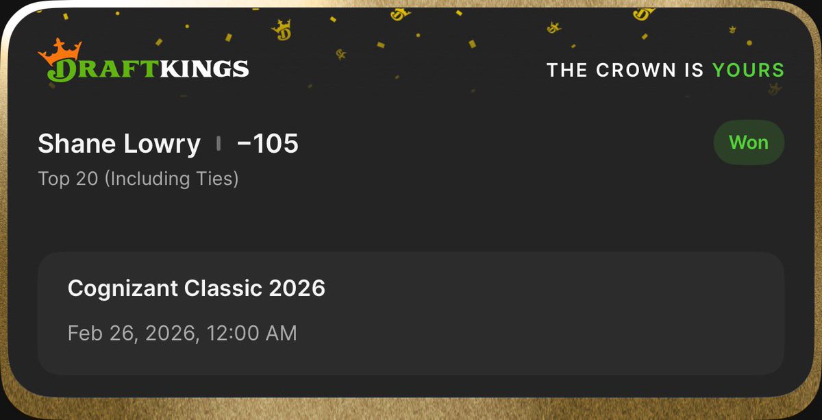 IceTrayFlameBoi's tweet image. Shane Lowry does exactly what we needed of him &amp;amp; finishes inside the T10 &amp;amp; T20! 3 weeks in a row of green from golf!🥂✅ 

Join the FREE discord for all of my picks! discord.gg/jJHACHhrKd

#GamblingX #GamblingTwitter #PGA #PGATour #CognizantClassic #ShaneLowry #TigerWoods #TGL