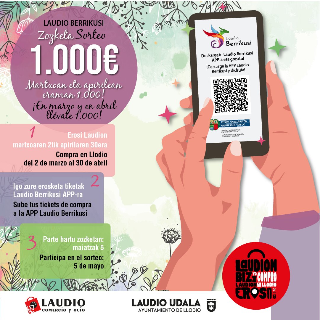 Udaberri honetan 1.000 €-ko bale bat zozketatuko dugu Laudio Berrikusirekin!
¡Esta primavera volvemos a sortear un vale de 1.000 € con Laudio Berrikusi!